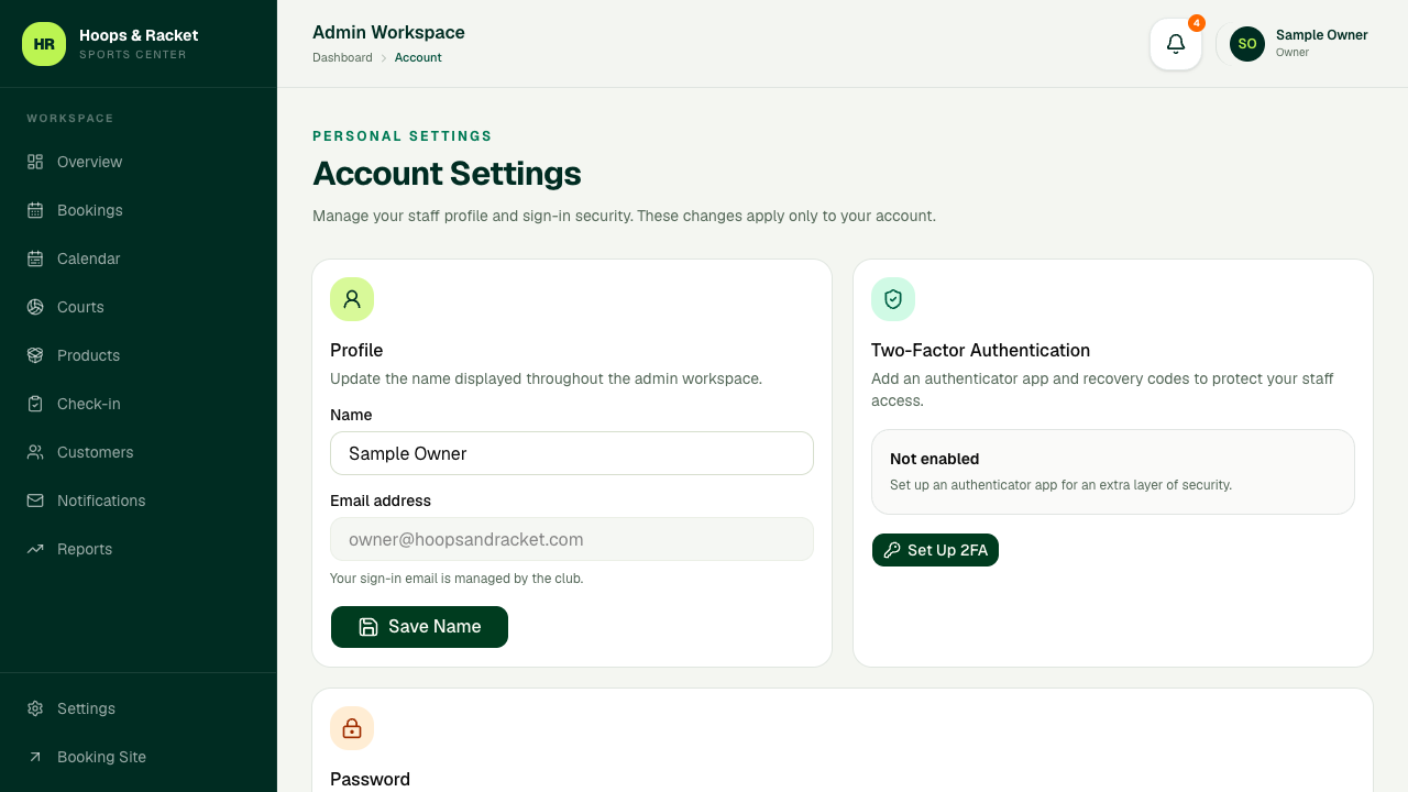 Admin Account Settings page for profile name, password, and two-factor authentication