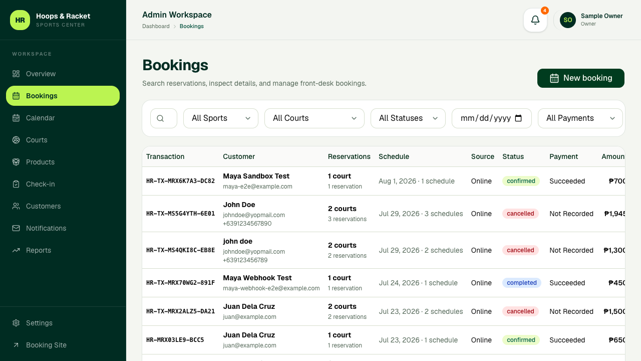 Hoops and Racket admin Bookings page
