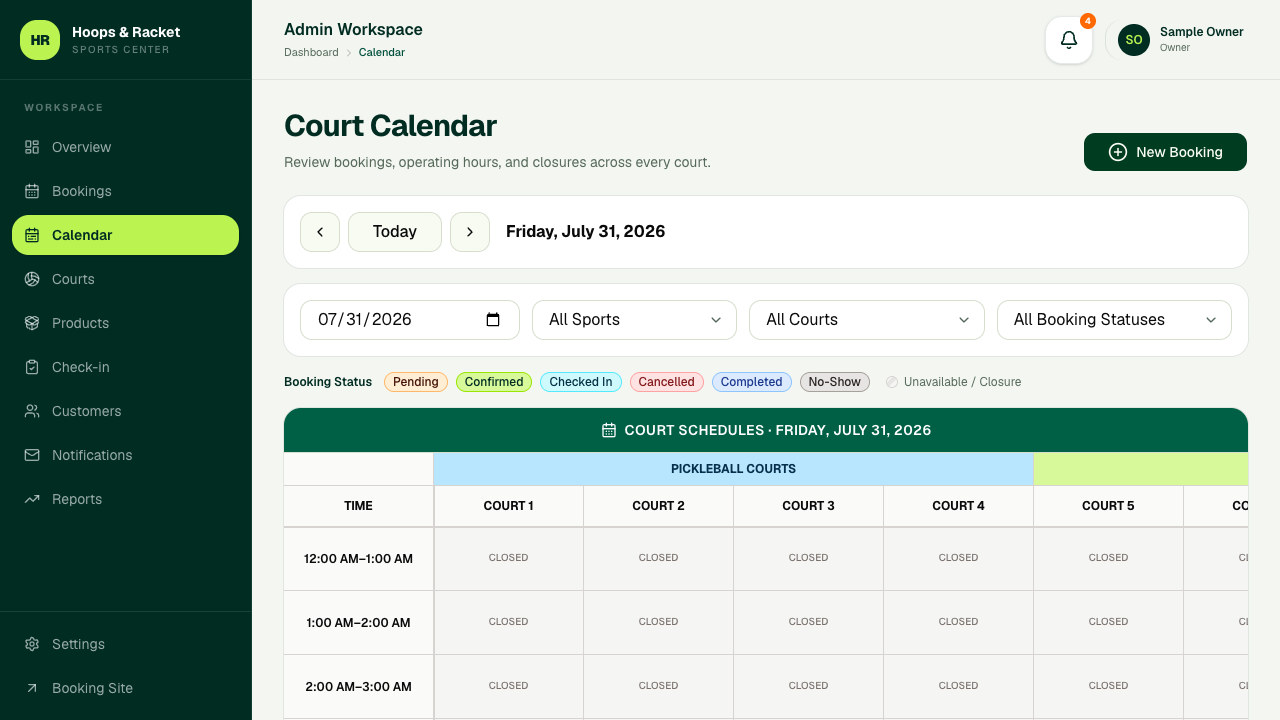 Hoops and Racket admin Calendar page