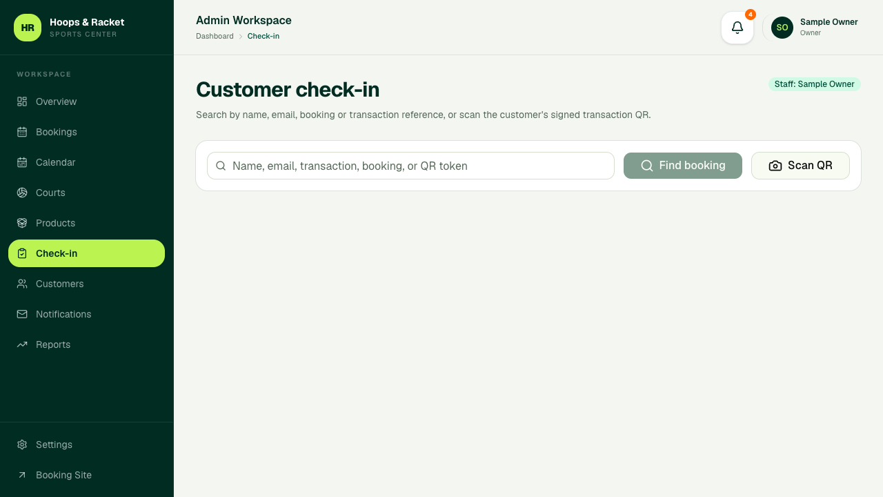 Hoops and Racket admin Check-in page