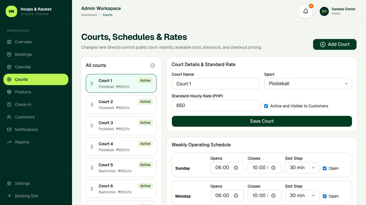 Hoops and Racket admin Courts page