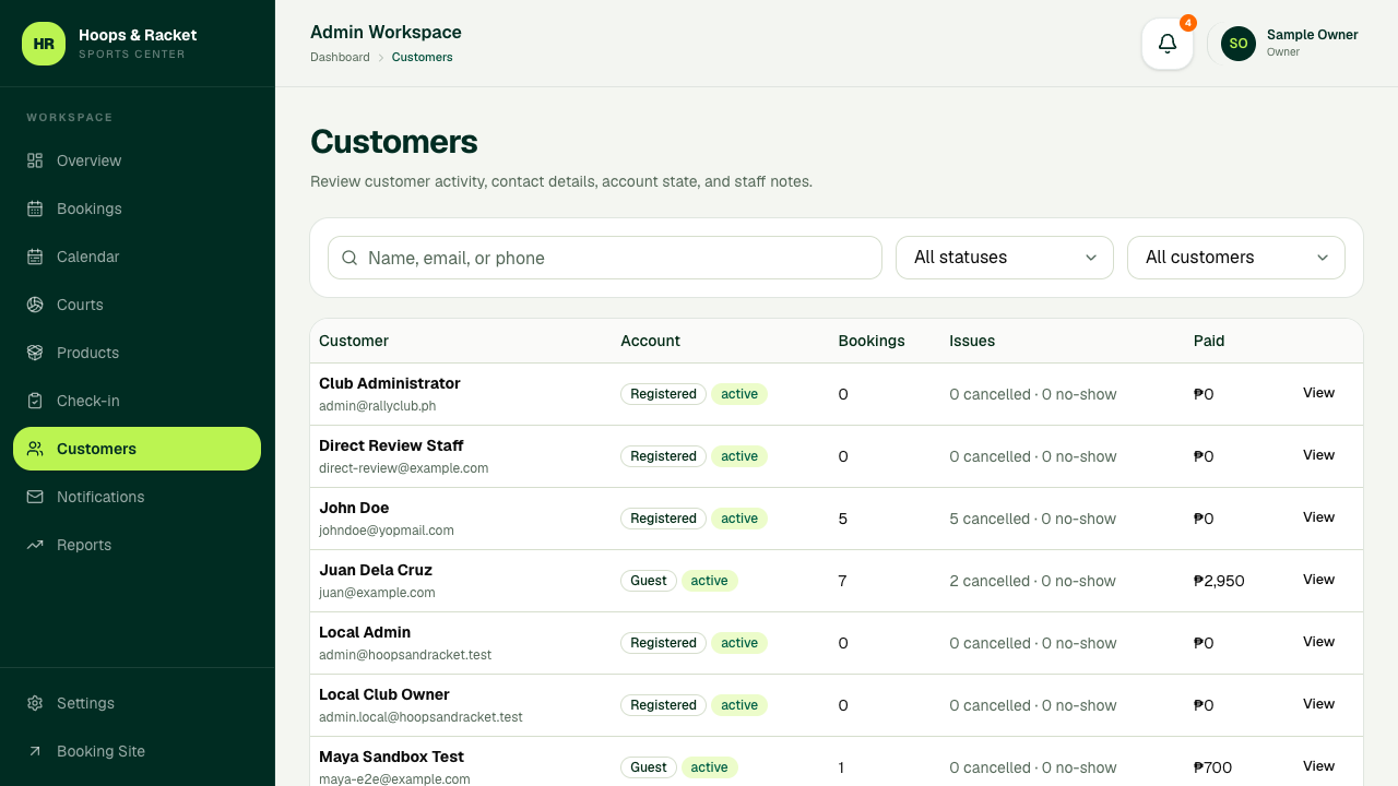 Hoops and Racket admin Customers page