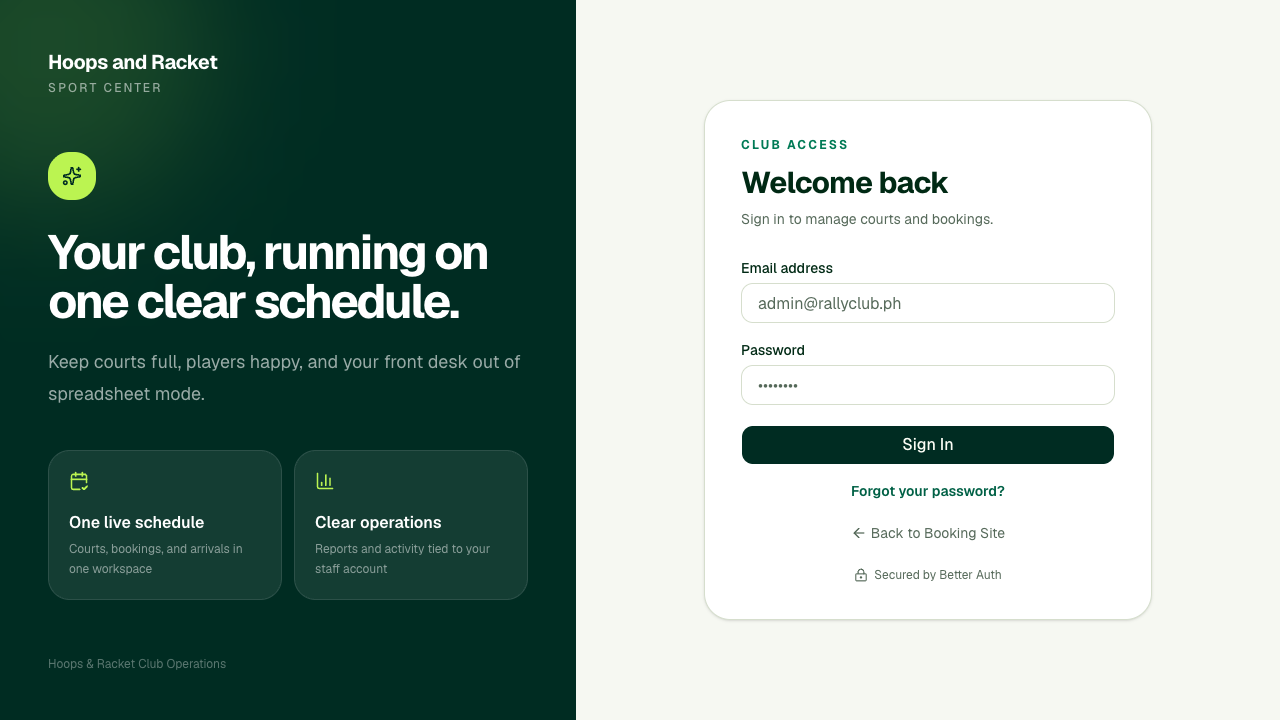 Hoops and Racket admin sign-in page with email and password fields
