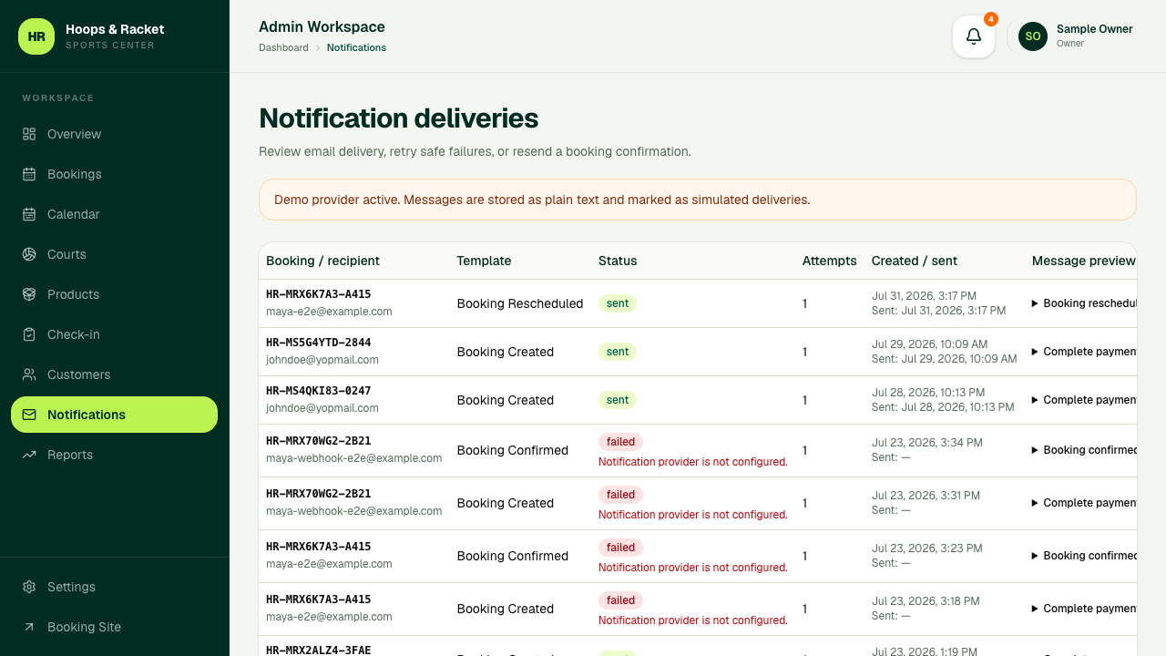 Hoops and Racket admin Notifications page