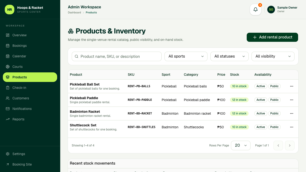 Hoops and Racket admin Products page