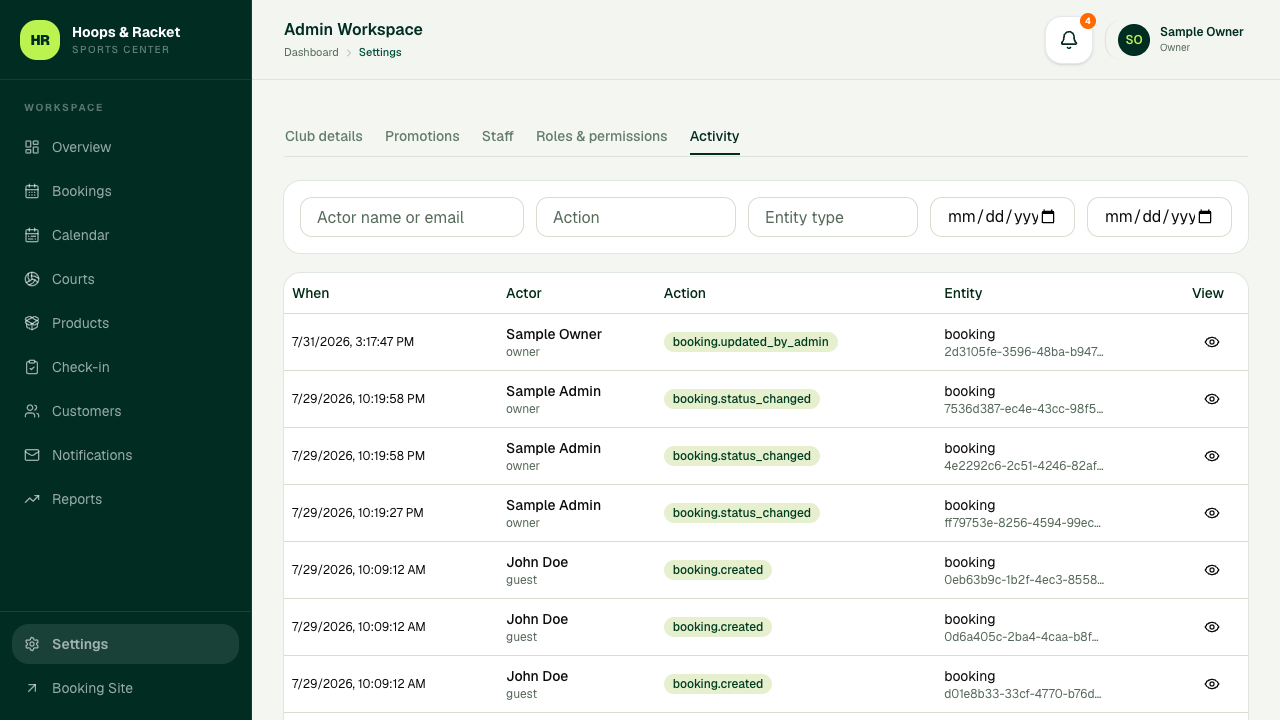 Admin Settings Activity tab