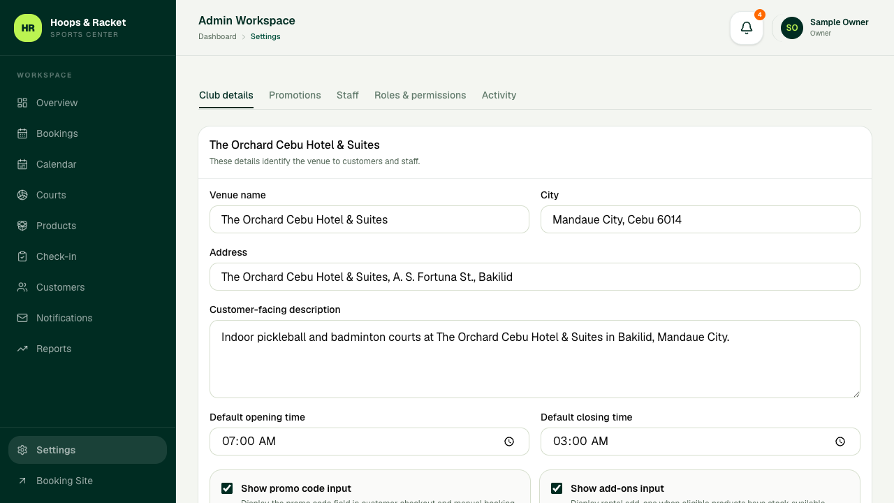 Admin Settings Club Details tab