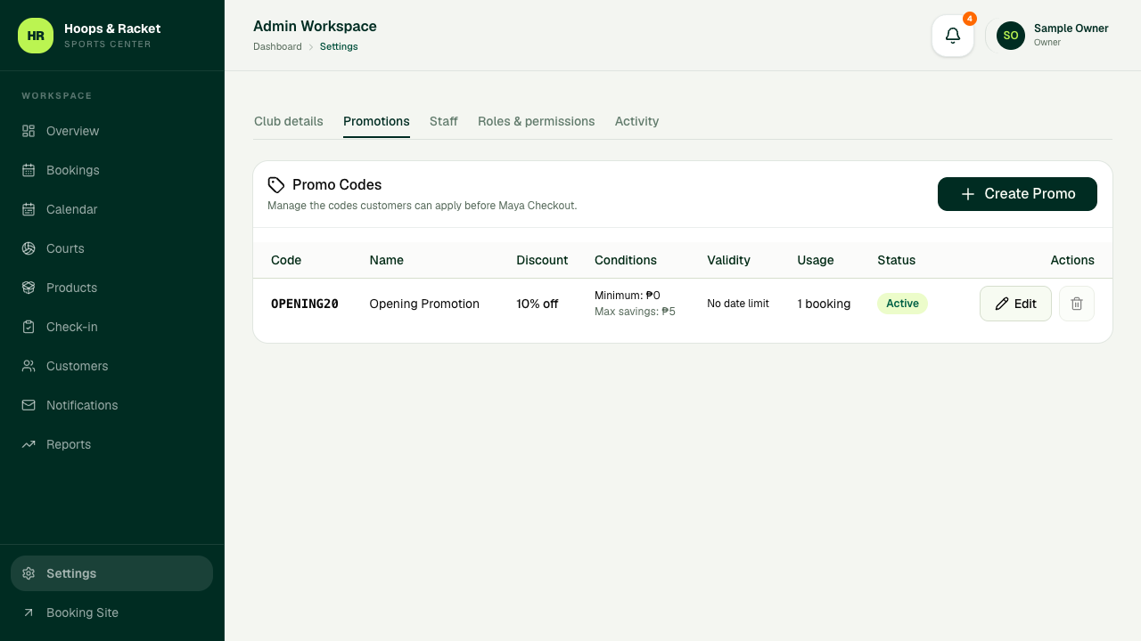 Admin Settings Promotions tab