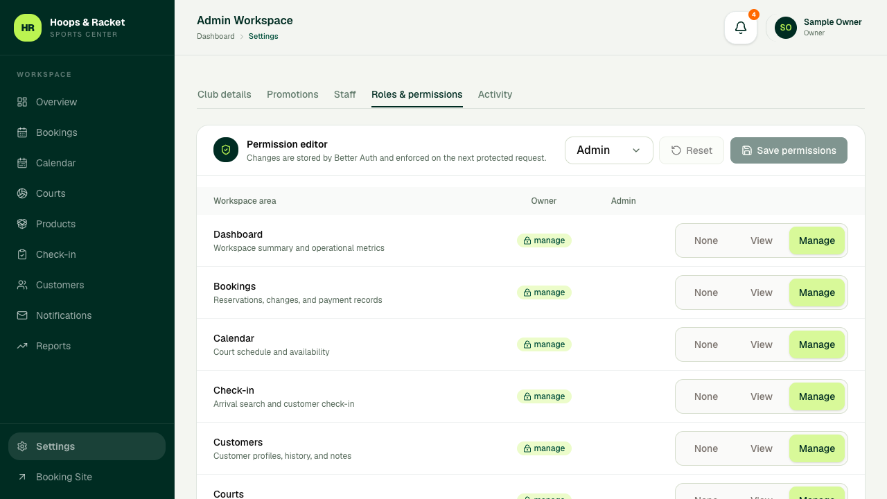 Admin Settings Roles & Permissions tab