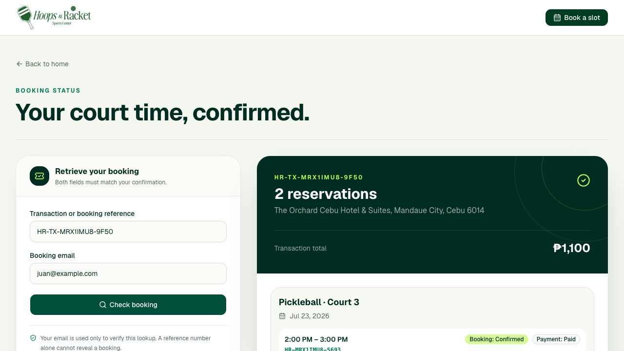 Booking status result showing two confirmed paid reservations and one transaction QR pass