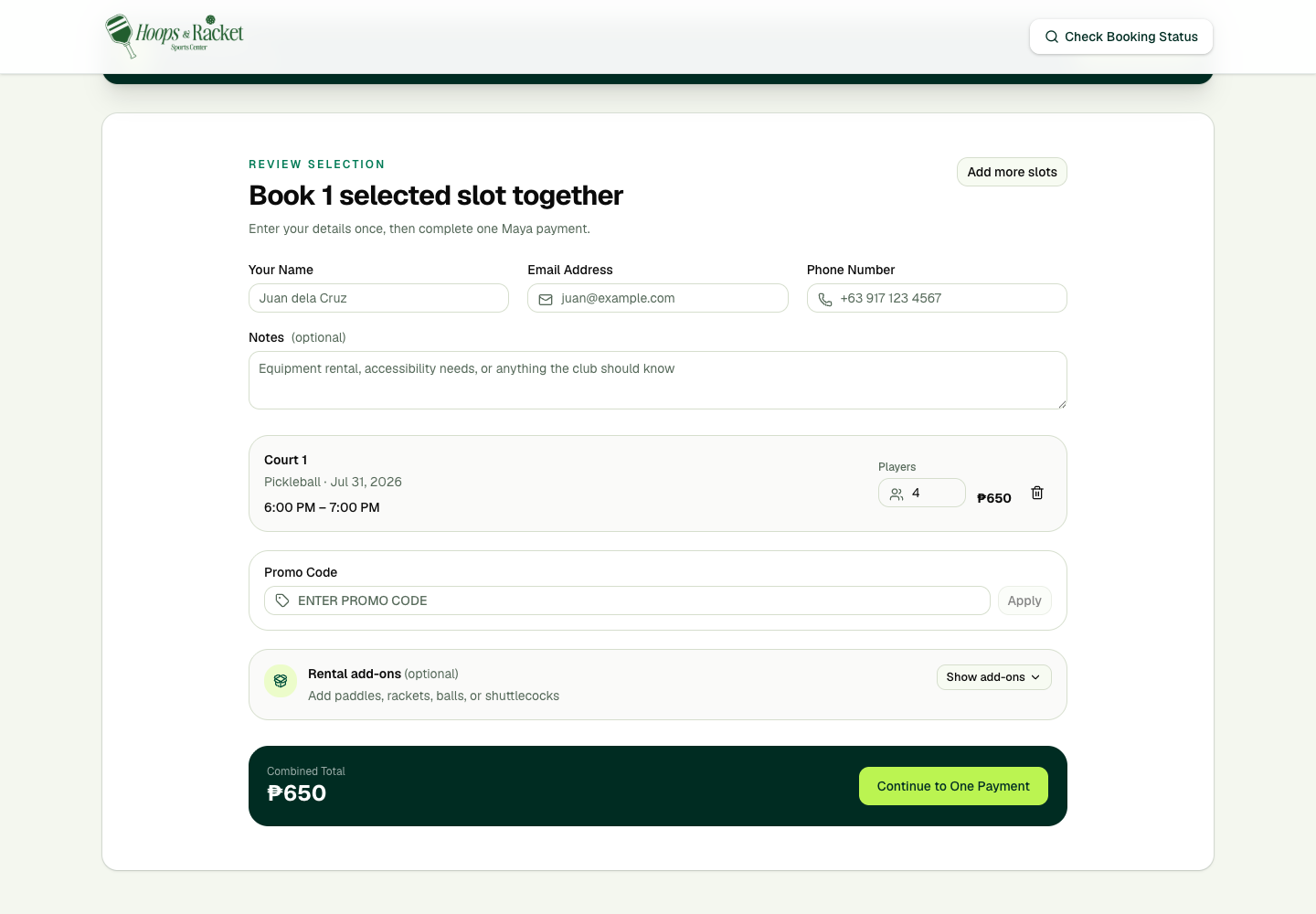 Booking review form showing customer details, selected court, promo code, rental add-ons, and total