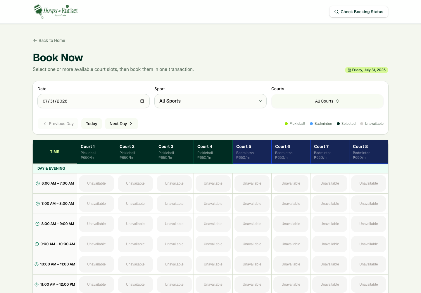 Book Now page showing the date, sport, and court filters above the availability schedule