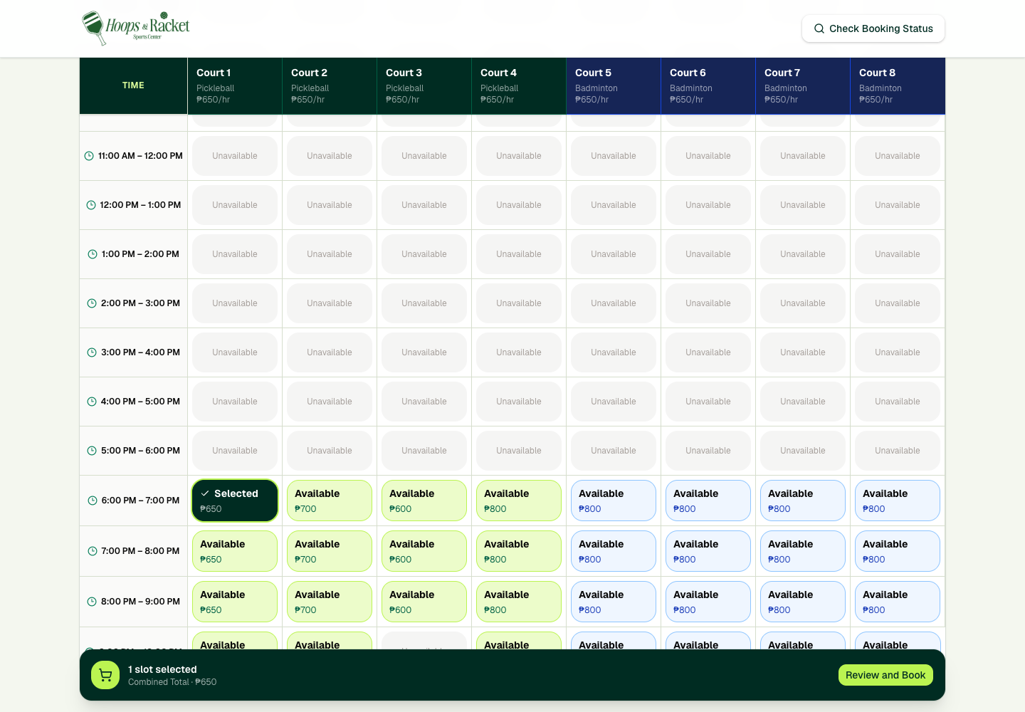 Court schedule with an available time selected and the Review and Book button visible